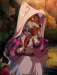  anthro canid canine clothed clothing cross desubox detailed_background disney dress female flower fox garden hi_res jewelry looking_aside maid_marian mammal necklace pendant plant red_eyes robin_hood_(disney) rose_(flower) sash solo water 