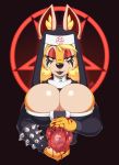  anthro big_breasts black_lipstick blood bodily_fluids breasts daxzor disembodied_heart female gore hi_res kangaroo lipstick looking_at_viewer macropod makeup mammal marsupial nun pentagram pinup pose red_background simple_background solo 