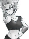  1girl :/ arm_at_side arm_up breasts clenched_hand closed_mouth collarbone crop_top dragon_ball dragon_ball_super earrings frown greyscale hand_in_hair hand_on_hip jewelry kefla_(dragon_ball) kemachiku large_breasts looking_away looking_to_the_side midriff monochrome muscle navel potara_earrings serious shiny shiny_hair short_hair sidelocks simple_background solo spiked_hair standing super_saiyan upper_body v-shaped_eyebrows very_short_hair white_background 