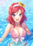  1girl :d bikini blush breasts commentary_request dated flower hair_flower hair_ornament hairband highres jewelry looking_at_viewer love_live! love_live!_school_idol_project medium_breasts necklace nishikino_maki open_mouth partially_submerged plaid plaid_bikini purple_eyes red_bikini red_hair short_hair signature smile solo swimsuit upper_teeth water wedo wet white_hairband 