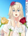  1girl blonde_hair blue_background blue_eyes braid character_name commentary_request dress flower french_braid hairband hands_on_own_face kantai_collection long_hair open_mouth red_flower red_rose rose sei_masami short_sleeves surprised warspite_(kantai_collection) white_dress white_flower white_hairband white_rose yellow_flower yellow_rose 