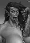  absurd_res after_fellatio after_oral after_sex big_breasts bodily_fluids breasts bust_portrait duo ear_piercing ear_ring female genitals hair hair_grab hi_res humanoid humanoid_pointy_ears justsomenoob long_hair male male/female monochrome mostly_offscreen_character nude open_mouth orc orc_humanoid penis piercing portrait saliva saliva_string simple_background teeth tongue tongue_out touching_hair tusks 
