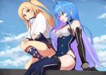  2girls ahoge american_flag american_flag_legwear american_flag_print arm_support azur_lane bangs bare_shoulders blonde_hair blue_hair blue_jacket blue_legwear breasts cape capelet cleveland_(azur_lane) commentary_request elbow_gloves eyebrows_visible_through_hair flag_print from_side gloves helena_(azur_lane) highres jacket kneeling looking_at_another looking_away marshall_k miniskirt multicolored multicolored_clothes multicolored_legwear multiple_girls one_side_up open_mouth parted_bangs ponytail red_eyes sitting skirt small_breasts star star_print thighhighs white_capelet 