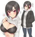  1girl bangs black_bra black_hair black_jacket black_pants blush bra breasts cleavage closed_mouth commentary_request copyright_request drawstring eyebrows_visible_through_hair eyeshadow feet_out_of_frame grey_hoodie heart highres hiiragi_hajime hood hood_down hoodie hoodie_lift jacket large_breasts lifted_by_self long_sleeves makeup multicolored_hair multiple_views open_clothes open_jacket pants purple_eyes red_hair short_hair simple_background smile speech_bubble spoken_heart standing two-tone_hair underwear upper_body white_background 