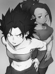  2girls bangs bare_arms bare_shoulders black_hair black_legwear bracelet breasts caulifla collarbone crop_top dark_background dark_skin dragon_ball dragon_ball_super expressionless eyelashes fingernails from_above frown gradient gradient_background grey_background greyscale half-closed_eyes hand_on_own_arm hands_on_hips high_ponytail jewelry kale_(dragon_ball) kemachiku leaning leaning_forward long_hair looking_afar looking_at_viewer looking_up medium_breasts monochrome multiple_girls pantyhose parted_lips ponytail shaded_face shiny shiny_hair sidelocks simple_background skirt small_breasts spiked_hair standing strapless tubetop upper_body v-shaped_eyebrows very_long_hair 