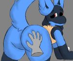 absurd_res ambiguous_gender anthro big_butt blue_body blue_fur butt butt_grab disembodied_hand duo fur grope hand_on_butt hi_res huge_butt looking_back lucario nintendo pok&eacute;mon pok&eacute;mon_(species) simple_background smile traashmann video_games 