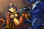  anthro areola balls black_nose blue_clothing bluecoffeedog boots bound breasts canid canine carmelita_fox clothed clothing dipstick_ears duo ear_piercing ear_ring erection female footwear fox genitals glans gun hair hi_res holding_gun holding_object holding_weapon male mammal multicolored_ears navel nipples orange_body orange_ears orange_tail partially_clothed penis piercing pussy ranged_weapon restrained rope rope_bondage sly_cooper_(series) sony_corporation sony_interactive_entertainment spread_legs spreading sucker_punch_productions teeth vein video_games weapon 