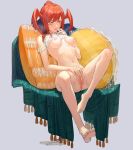  1girl absurdres barefoot breasts commentary_request floating green_eyes grey_background highres lace_trim masturbation medium_breasts navel nipple_piercing nude off-shoulder_shirt off_shoulder original piercing pillow reclining red_hair rug shirt shirt_lift uncensored wings yichuan 