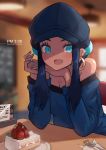  1girl :d absurdres alternate_costume black_hair blue_eyes blue_eyeshadow blue_hair blue_headwear blue_nails blue_shirt blurry blurry_background blush breasts cabbie_hat cafe cake chin_rest dark_skin dessert dot_nose ear_clip earrings elbow_rest eyelashes eyeshadow food fork hat highres hoop_earrings huge_filesize indoors jewelry katsu_(katsupainter) long_hair long_sleeves looking_at_viewer makeup multicolored_hair nail_polish off-shoulder_shirt off_shoulder open_mouth pokemon pokemon_(game) pokemon_swsh pov_across_table rurina_(pokemon) shirt sidelocks sitting slice_of_cake slit_pupils smile solo strawberry_shortcake table timestamp title two-tone_hair upper_body 