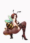  1girl absurdres aerith_gainsborough antennae ass bangs bare_shoulders bee_costume braid breasts brown_eyes closed_mouth commentary_request final_fantasy final_fantasy_vii final_fantasy_vii_remake flower from_behind full_body green_eyes hair_flower hair_ornament high_heels highleg highleg_leotard highres leotard lisp long_hair looking_at_viewer looking_back medium_breasts pantyhose parted_bangs simple_background single_braid squatting tabobox tied_hair wings wrist_cuffs 