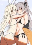  2girls amatsukaze_(kantai_collection) bikini black_bikini black_jacket black_ribbon blonde_hair brown_hair commentary_request cowboy_shot flat_chest hair_ribbon hairband hug innertube jacket kantai_collection long_hair multiple_girls ribbon shimakaze_(kantai_collection) side-tie_bikini silver_hair swimsuit takanashi_kei_(hitsujikan) two_side_up white_bikini white_hairband 