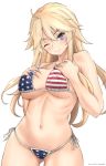  1girl ;) ahoge american_flag_bikini ass_visible_through_thighs bare_shoulders bikini blonde_hair blue_eyes breasts cleavage covered_nipples eyebrows_visible_through_hair flag_print hair_between_eyes highres iowa_(kantai_collection) kantai_collection large_breasts long_hair looking_at_viewer midriff navel one_eye_closed smile star star-shaped_pupils swimsuit symbol-shaped_pupils thighhighs timato underboob 