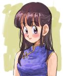  1girl arms_at_sides bangs bare_arms bare_shoulders beige_background black_hair blue_dress blunt_bangs blush border breasts brown_eyes chi-chi_(dragon_ball) china_dress chinese_clothes close-up closed_mouth dragon_ball dragon_ball_(classic) dress earrings eyebrows_visible_through_hair eyelashes half_updo high_collar highres jewelry lips looking_to_the_side medium_breasts saza_(gogo77_bb) shaded_face shiny shiny_hair sidelocks simple_background smile solo straight_hair upper_body white_background white_border 