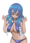 1girl absurdres aqua_hair bikini black_choker blue_bikini blue_eyes blue_hair blue_hoodie breasts choker cleavage commission commissioner_upload crescent cross cross_necklace eyebrows fangs freckles hair_between_eyes halter_top halterneck heart heart_choker highres hood hoodie jewelry kirimatsu large_breasts long_hair messy_hair multicolored_hair multicolored_hoodie navel navel_piercing necklace o-ring o-ring_bikini o-ring_top original parted_lips piercing sleeveless sleeveless_hoodie smile solo striped_hoodie sunglasses swimsuit tan tongue tongue_out tongue_piercing transparent_background two-tone_hair upper_teeth wavy_hair white_hoodie 