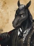  anthro biers black_body black_fur braided_hair cane clothed clothing equid equine facial_scar fur green_eyes grey_hair hair horse male mammal necktie scar solo suit tasanko white_eyes 