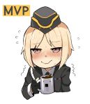  1girl aiguillette bangs black_gloves black_neckwear blonde_hair blush brown_eyes closed_mouth coffee coffee_mug collared_shirt cropped_torso cup dress_shirt english_text flying_sweatdrops garrison_cap girls_frontline gloves hat highres holding holding_cup kion-kun military military_jacket military_uniform mp40_(girls_frontline) mug necktie shirt short_hair sidelocks simple_background smile solo sweat trembling uniform white_background white_shirt 