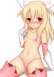  1girl bangs bare_shoulders bikini blonde_hair blush boots breasts collarbone fate/kaleid_liner_prisma_illya fate_(series) feathers gloves hair_feathers illyasviel_von_einzbern long_hair looking_at_viewer micro_bikini navel nipples open_mouth pink_bikini pink_footwear pink_sleeves prisma_illya red_eyes simple_background small_breasts solo swimsuit thigh_boots thighhighs thighs toshishikisai white_background white_gloves 