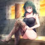  1girl absurdres bare_shoulders black_legwear blue_hair breasts byleth_(fire_emblem) byleth_(fire_emblem)_(female) cleavage closed_mouth collarbone dusk eyebrows_visible_through_hair fire_emblem fire_emblem:_three_houses hair_between_eyes highres huge_filesize indoors large_breasts light_smile looking_at_viewer medium_hair oramikainu pantyhose pantyhose_pull purple_eyes sitting smile solo stone_wall strapless sunlight thighs tubetop undressing wall window 