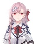  1girl absurdres asymmetrical_bangs bangs bow braid girls_frontline hexagram highres jacket long_hair looking_at_viewer neck_ribbon negev_(girls_frontline) parted_lips pink_hair rampart1028 red_bow red_eyes red_neckwear ribbon side_braid simple_background smile solo star_of_david upper_body white_background white_jacket 