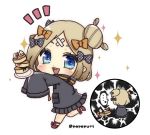  ... 1girl :d abigail_williams_(fate/grand_order) bangs black_bow black_jacket blonde_hair blue_eyes blush bow chibi commentary_request crossed_bandaids eyebrows_behind_hair fate/grand_order fate_(series) food hair_bow hair_bun heroic_spirit_traveling_outfit holding holding_plate jacket long_hair long_sleeves multiple_views open_mouth orange_bow outstretched_arms pancake parted_bangs plate polka_dot polka_dot_bow popo_(popopuri) red_footwear shoes simple_background sleeves_past_fingers sleeves_past_wrists smile sparkle spill spoken_ellipsis stack_of_pancakes standing standing_on_one_leg twitter_username upper_teeth white_background 