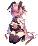  1boy absurdres animal_ears astolfo_(fate) astolfo_(saber)_(fate) bare_shoulders black_bow black_gloves black_legwear black_neckwear black_ribbon bow bowtie bulge bunny_ears covered_nipples fang fate/grand_order fate_(series) gloves hair_intakes highres long_hair low_twintails midriff multicolored_hair navel otoko_no_ko pink_hair purple_eyes ribbon simple_background skin_fang skirt smile streaked_hair thighhighs tubumi twintails white_background white_hair wing_collar 