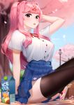  1girl absurdres arm_up artist_name bangs basket black_legwear blue_skirt blurry blurry_background breasts cherry_blossoms commentary day doki_doki_literature_club dress_shirt english_commentary eyebrows_visible_through_hair flower hair_ornament hairclip hand_in_hair highres large_breasts long_hair looking_at_viewer natsuki_(doki_doki_literature_club) older open_mouth outdoors petals pink_eyes pink_hair pleated_skirt sasoura school_uniform shirt short_sleeves sitting skirt solo tented_shirt thighhighs tree two_side_up white_shirt 