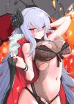  1girl azur_lane bangs bare_shoulders black_flower black_rose black_swimsuit blush breasts cape closed_mouth crossed_bangs flower fur-trimmed_cape fur_trim graf_zeppelin_(azur_lane) graf_zeppelin_(beachside_urd)_(azur_lane) large_breasts long_hair looking_at_viewer navel one-piece_swimsuit p.i.t.d red_eyes rose silver_hair swimsuit very_long_hair 