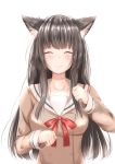  1girl ^_^ absurdres animal_ears bang_dream! black_hair blush cat_ears clenched_hands closed_eyes double-breasted facing_viewer hanasakigawa_school_uniform highres kemonomimi_mode kisaragi_yaya long_hair long_sleeves neck_ribbon paw_pose red_neckwear ribbon sailor_collar school_uniform shirokane_rinko simple_background smile solo upper_body white_background 