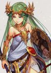  1girl armlet bare_shoulders belt belt_buckle breasts buckle circlet closed_mouth collar collarbone dress forehead_jewel gauntlets gold_necklace green_eyes green_hair hankuri headdress holding holding_staff jewelry kid_icarus kid_icarus_uprising long_hair necklace palutena shield sidelocks smile solo staff strapless strapless_dress thighhighs vambraces very_long_hair white_dress white_legwear 
