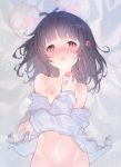  1girl animal_ears badge bangs black_hair blush breasts collarbone cum cum_on_stomach fake_animal_ears granblue_fantasy hair_ornament hairband_removed long_sleeves looking_at_viewer lying mouse_ears navel nipples off_shoulder on_back open_clothes open_mouth open_shirt red_eyes sawayaka_samehada short_hair small_breasts solo vikala_(granblue_fantasy) 