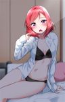  1girl black_bra black_panties blush bra collared_shirt commentary_request highres indoors long_sleeves looking_at_viewer love_live! love_live!_school_idol_project navel nishikino_maki no_pants on_bed open_clothes open_mouth open_shirt panties playing_with_own_hair purple_eyes red_hair shirt short_hair sitting sitting_on_bed solo underwear white_shirt yopparai_oni 