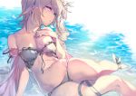  1girl 92m arm_support bangs bare_shoulders bikini blonde_hair blue_eyes breasts cleavage collarbone europa_(granblue_fantasy) eyebrows_visible_through_hair flower front-tie_top granblue_fantasy hair_flower hair_ornament hand_on_own_chest looking_at_viewer medium_breasts navel outdoors parted_lips partially_submerged ribbon short_hair silver_bikini sitting solo strap_slip swimsuit thigh_ribbon thighs water wet 