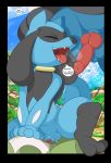  3_toes absurd_res animal_genitalia anthro baby_pok&eacute;mon balls blue_balls blue_body blue_sheath breath english_text erection eyes_closed fingers genitals hi_res knot lucario male masturbation monotone_genitals monotone_penis nintendo open_mouth outside penile penile_masturbation penis plushie plushophilia pok&eacute;mon pok&eacute;mon_(species) riolu sheath teeth text toes tongue tricksta uvula video_games 