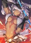  1girl absurdres animal_ears bangs black_gloves blue_eyes body_markings breasts caenis_(fate) dark_skin elbow_gloves fate/grand_order fate_(series) faulds gauntlets gloves headpiece highres large_breasts long_hair looking_at_viewer navel ohland pauldrons polearm solo spear tattoo weapon white_hair 
