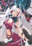  1girl bird black_feathers breasts cleavage clothing_cutout crow elbow_gloves fate/grand_order fate_(series) gloves hand_fan highres kiichi_hougen_(fate) long_hair navel pointy_ears polearm sakurasakimasu4 spear stomach_cutout weapon white_hair yellow_eyes 
