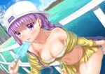  1girl absurdres backwards_hat bangs bare_shoulders baseball_cap bb_(fate)_(all) bb_(swimsuit_mooncancer)_(fate) beach bikini blush breasts cleavage collarbone cropped_jacket fate/grand_order fate_(series) food hat highres jacket large_breasts long_hair long_sleeves looking_at_viewer navel ocean popsicle purple_eyes purple_hair skirt solo swimsuit take-run-atelier tongue tongue_out very_long_hair white_bikini white_headwear yellow_jacket yellow_skirt 