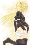  black_cat_(series) black_legwear blonde_hair eve_(black_cat) kneeling mita_kazuo panties panty_pull solo thighhighs underwear white_panties 