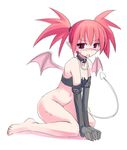  bat_wings bottomless collarbone disgaea etna full_body groin jitome looking_at_viewer makai_senki_disgaea midriff navel red_eyes red_hair seiza seo_tatsuya short_hair simple_background sitting solo stomach twintails white_background wings 