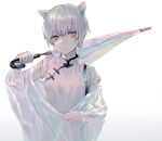  1249abcde 1girl animal_ears cat_ears cat_girl chinese_clothes closed_mouth earrings gradient gradient_background holding holding_umbrella jewelry lavender_eyes original solo umbrella white_hair white_theme white_umbrella 