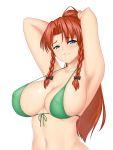  1girl armpits arms_up bangs bikini blue_eyes blush braid breasts cleavage commentary covered_nipples eyebrows_visible_through_hair green_bikini grin hair_between_eyes hong_meiling large_breasts long_hair looking_at_viewer midriff mokkori9 navel orange_hair parted_bangs parted_lips ponytail side_braids sideboob simple_background smile solo swimsuit touhou twin_braids upper_body white_background 