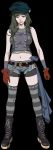  1girl belt belt_chain bike_shorts bike_shorts_under_shorts black_hair boots cabbie_hat crescent_belt_buckle denim denim_shorts final_fantasy final_fantasy_vii final_fantasy_vii_remake full_body gloves hat kyrie_canaan looking_at_viewer midriff navel official_art red_gloves roberto_ferrari shorts sleeveless smile standing stomach striped striped_legwear thigh_gap 