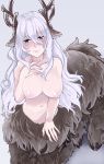  1girl animal_ears antlers areolae bangs blue_eyes blush breasts centauroid closed_mouth collarbone fur hair_between_eyes half-closed_eyes hand_on_own_chest hat highres large_breasts long_hair looking_at_viewer monster_girl monster_girl_encyclopedia nipples nude reindeer simple_background smile solo tail white_hair white_horn_(monster_girl_encyclopedia) zakirsiz 