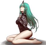  1girl arknights bare_legs barefoot black_shirt breasts english_commentary facial_scar from_side full_body green_hair hair_between_eyes hoshiguma_(arknights) korean_commentary lim_aya_w long_hair looking_at_viewer medium_breasts mixed-language_commentary oni_horn parted_lips profile scar shirt signature simple_background solo straight_hair thick_thighs thighs turtleneck white_background yellow_eyes 