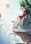  1girl absurdres animal_ear_fluff animal_ears bare_shoulders boa_(brianoa) bow brown_hair cat_ears clog_sandals closed_mouth detached_sleeves floating_island from_side hair_bow hair_tubes hakurei_reimu highres kemonomimi_mode long_sleeves looking_at_viewer looking_to_the_side red_bow red_skirt red_vest sandals short_hair skirt socks solo touhou unfinished vest white_legwear 