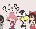  4girls ? apron ascot bandaged_arm bandages black_hair black_headwear black_skirt black_vest blonde_hair blush bow breasts brown_hair bun_cover camera chain chibi closed_mouth collared_shirt confused cowboy_shot cuffs detached_sleeves double_bun embarrassed eyebrows_visible_through_hair face_punch gomeifuku green_skirt hair_between_eyes hair_bow hair_tubes hakurei_reimu handcuffs hat hat_bow hollow_eyes ibaraki_kasen in_the_face kirisame_marisa lavender_background long_hair multiple_girls nontraditional_miko open_mouth picture_(object) pink_hair pointing punched punching red_skirt shameimaru_aya shirt short_hair simple_background skirt sweat sweatdrop sweating_profusely tabard tokin_hat touhou turtleneck vest white_shirt wing_collar witch_hat yellow_neckwear 
