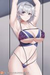  1girl armpits arms_up aslindsamure azur_lane bangs banned_artist bare_shoulders blush bra breasts cleavage collarbone hairband highres large_breasts looking_at_viewer navel open_mouth panties purple_bra purple_eyes purple_panties reno_(azur_lane) short_hair silver_hair smile solo thighs underbust underwear 