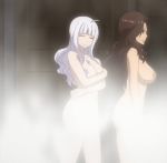  2girls bangs breasts brown_hair cana_alberona closed_eyes covering covering_breasts fairy_tail large_breasts long_hair lowres mirajane_strauss multiple_girls navel nipples nude nude_filter smile steam third-party_edit white_hair 