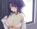  1girl bare_shoulders blush bra breasts brown_eyes cleavage closed_mouth collarbone curtains expressionless eyebrows_visible_through_hair indoors kantai_collection kotobuki_(momoko_factory) large_breasts long_sleeves looking_at_viewer messy_hair one_eye_closed purple_hair shirt short_hair sleeves_past_wrists solo tenryuu_(kantai_collection) translation_request underwear undressing upper_body white_bra white_shirt window 