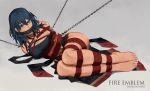  1girl bare_shoulders barefoot bdsm black_dress blue_eyes blue_hair bondage bound bound_ankles bound_arms bound_legs bound_torso breasts byleth_(fire_emblem) byleth_(fire_emblem)_(female) chain choker cleavage cloth_gag dancer dress feet fire_emblem fire_emblem:_three_houses full_body gag gagged hair_between_eyes highres improvised_gag kidnapped large_breasts looking_at_viewer medium_hair over_the_mouth_gag rainnear solo 