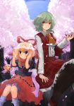  blonde_hair blue_eyes bow cherry_blossoms frills green_hair hinohikari kazami_yuuka medicine_melancholy open_clothes open_vest pantyhose petals plaid plaid_skirt plaid_vest red_bow red_eyes red_ribbon red_vest ribbon short_hair short_sleeves skirt su-san touhou tree vest wavy_hair 